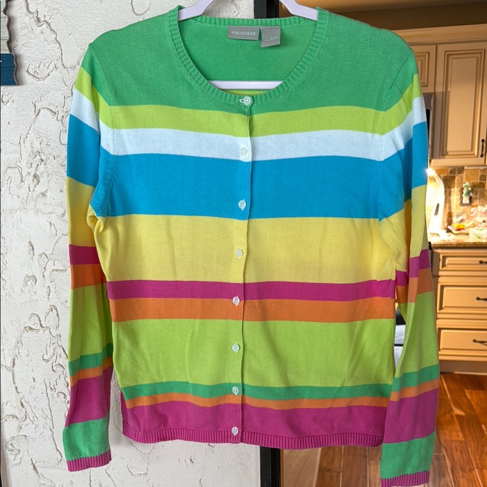 Green and Blue Striped Cardigan Sweater